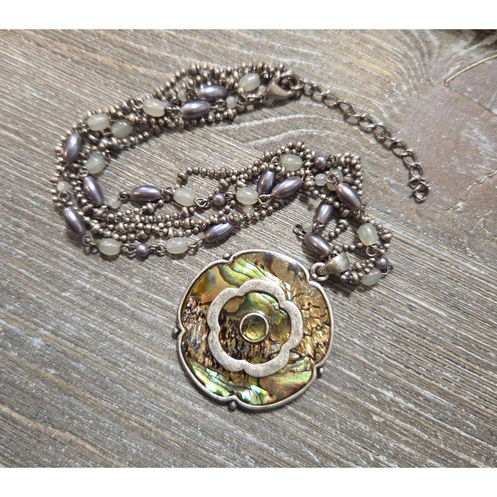 Abalone Flower Necklace Beads Multi Strand Silver Tone Vintage  16" adjustable